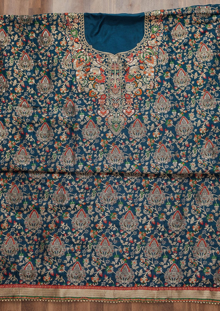Peacock Blue Zariwork Art Silk Unstitched Salwar Suit - Koskii