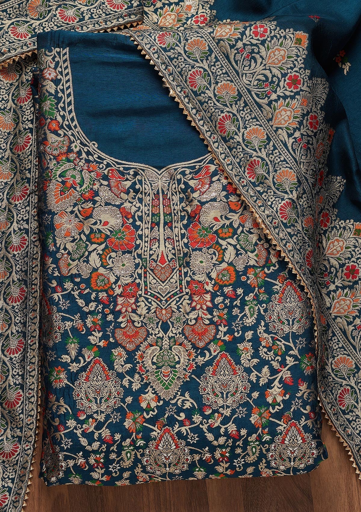 Peacock Blue Zariwork Art Silk Unstitched Salwar Suit - Koskii