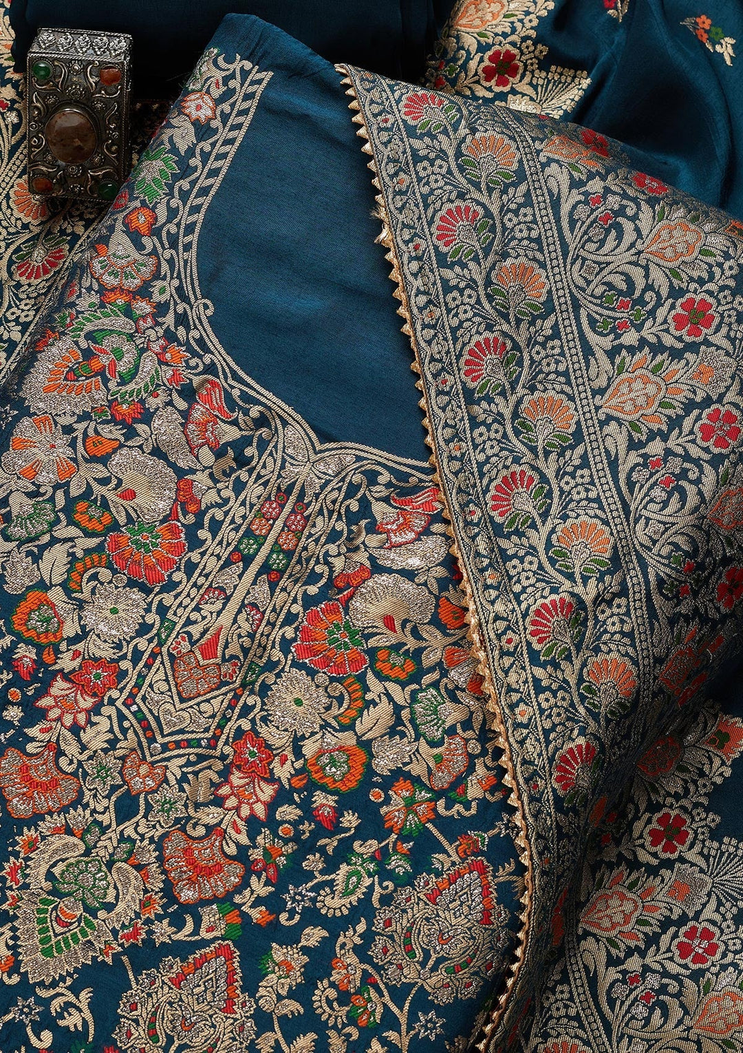 Peacock Blue Zariwork Art Silk Unstitched Salwar Suit - Koskii