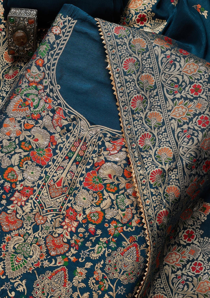 Peacock Blue Zariwork Art Silk Unstitched Salwar Suit - Koskii