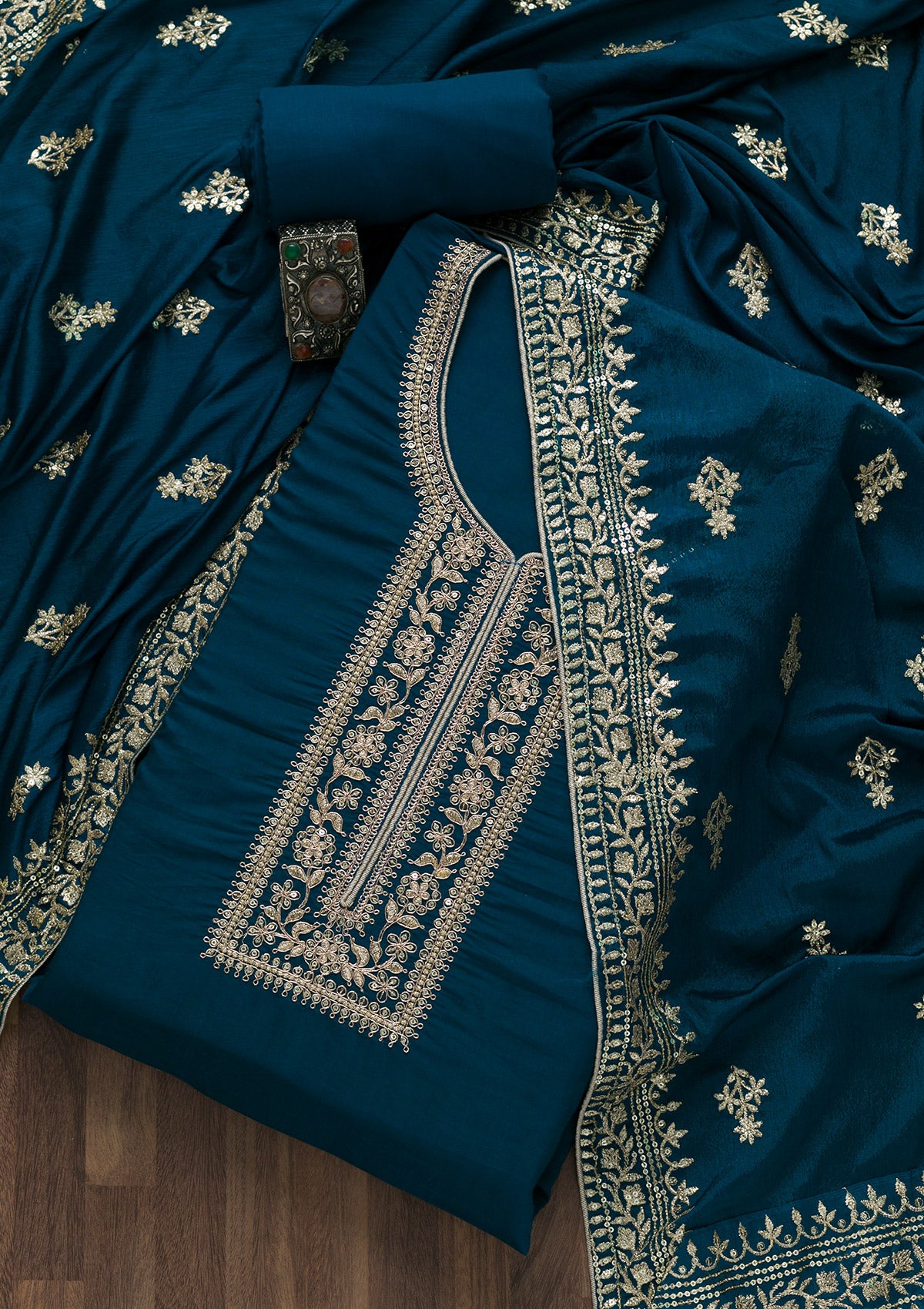 Peacock Blue Zariwork Art Silk Semi-Stitched Salwar Suit-Koskii