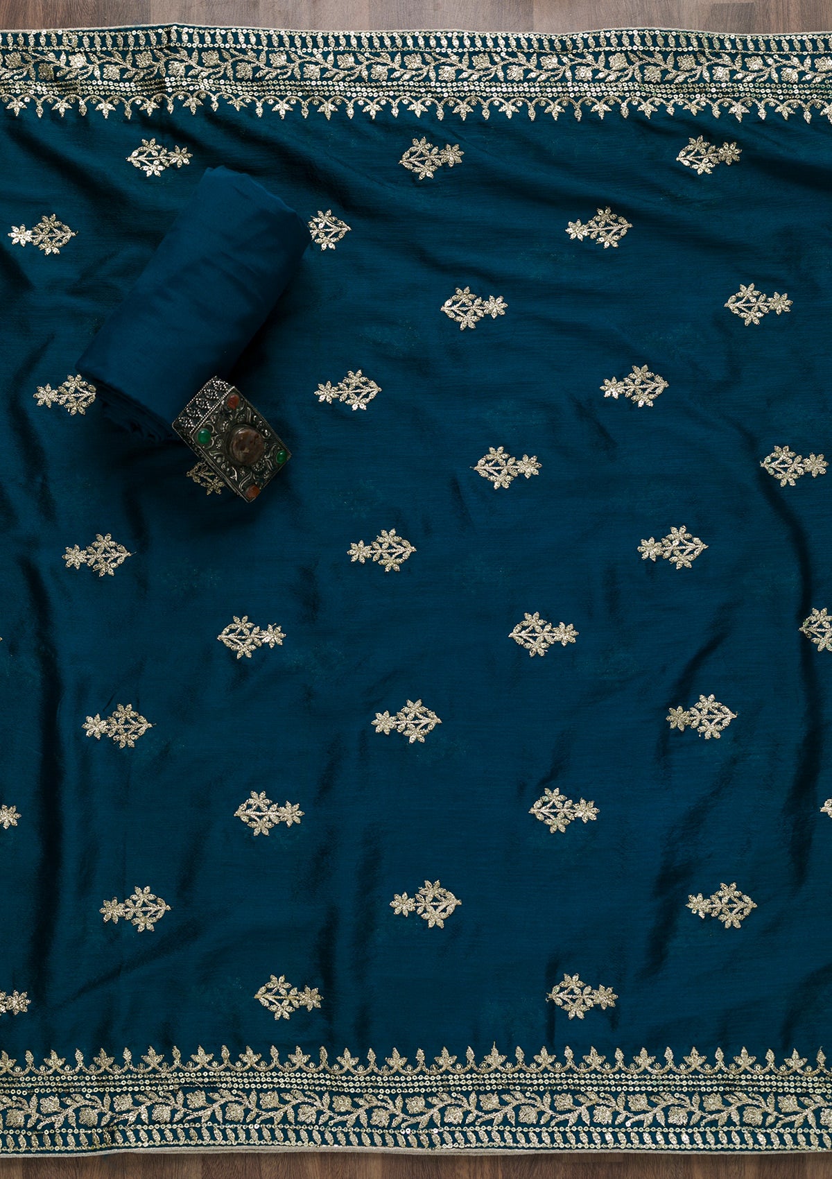 Peacock Blue Zariwork Art Silk Semi-Stitched Salwar Suit-Koskii