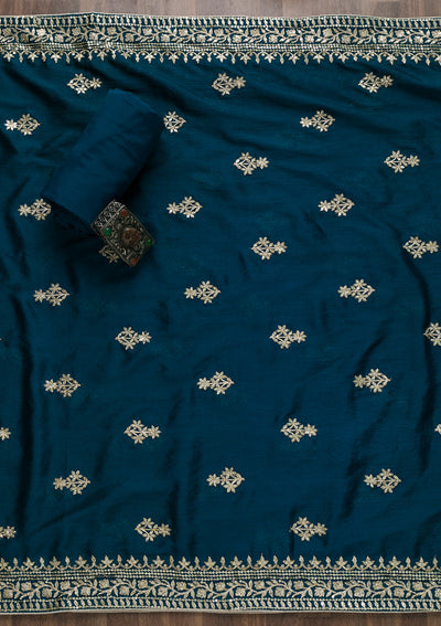 Peacock Blue Zariwork Art Silk Semi-Stitched Salwar Suit-Koskii