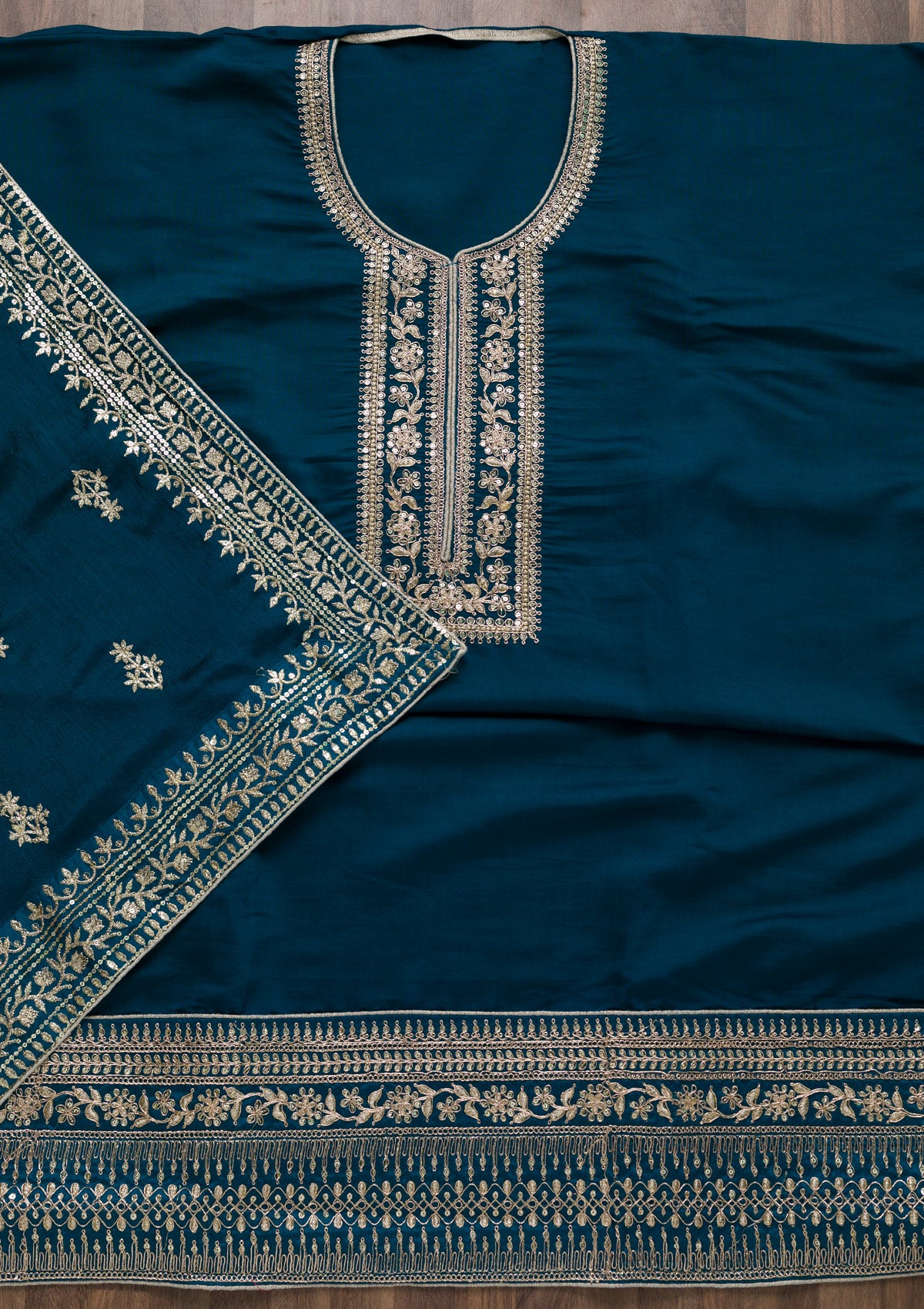 Peacock Blue Zariwork Art Silk Semi-Stitched Salwar Suit-Koskii
