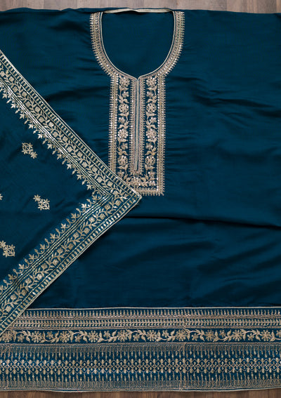 Peacock Blue Zariwork Art Silk Semi-Stitched Salwar Suit-Koskii
