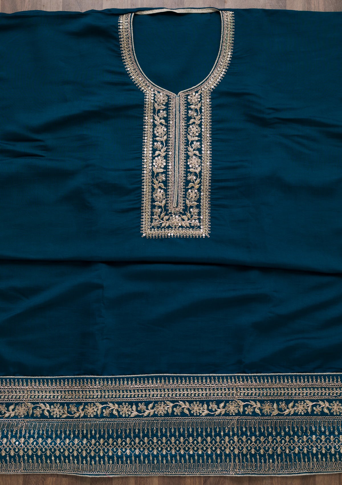 Peacock Blue Zariwork Art Silk Semi-Stitched Salwar Suit-Koskii