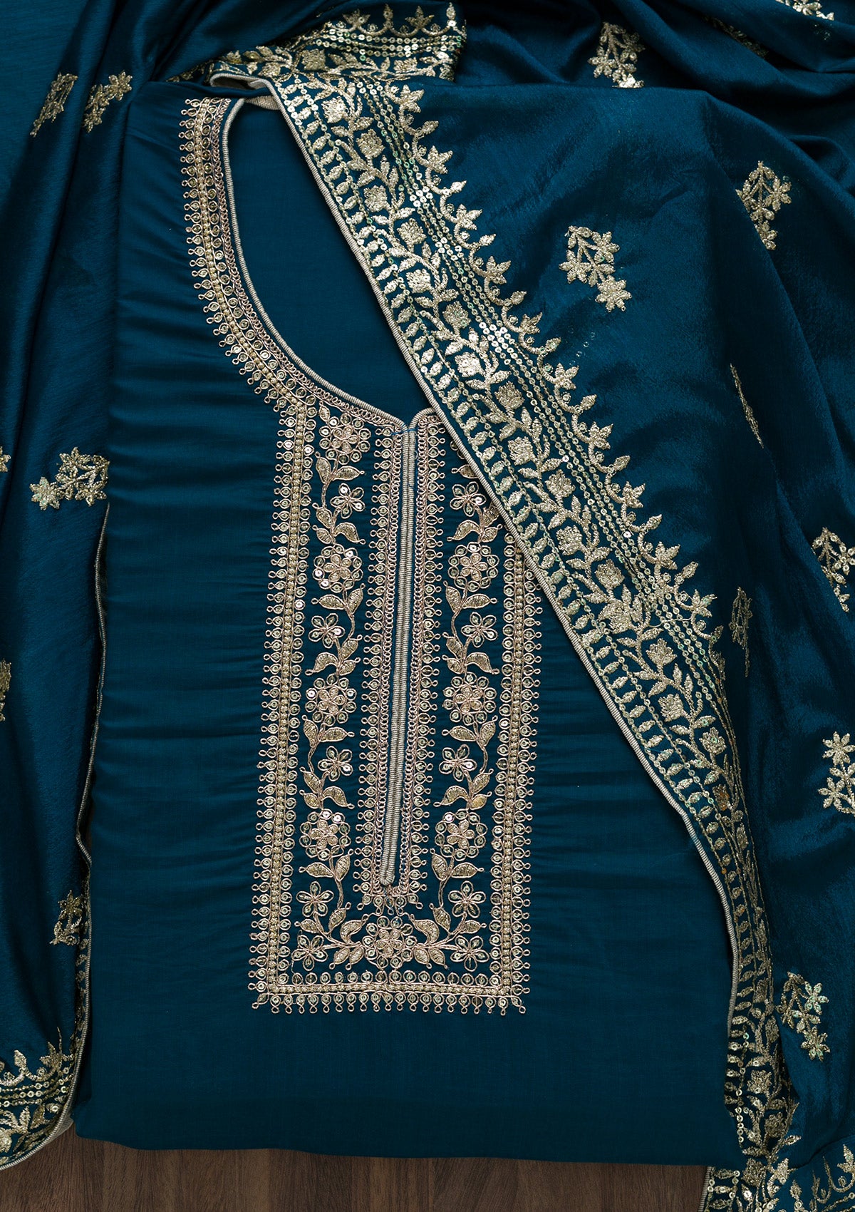 Peacock Blue Zariwork Art Silk Semi-Stitched Salwar Suit-Koskii