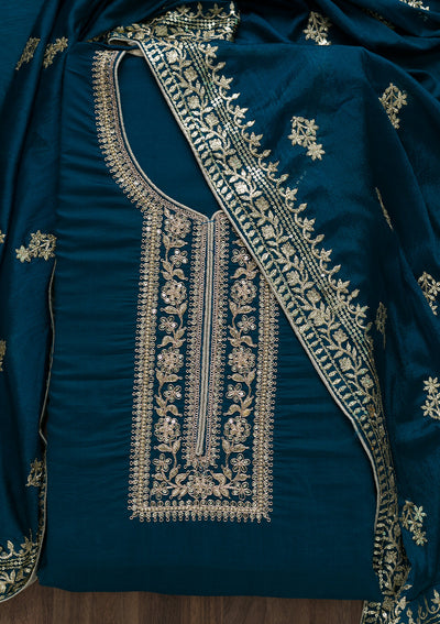 Peacock Blue Zariwork Art Silk Semi-Stitched Salwar Suit-Koskii