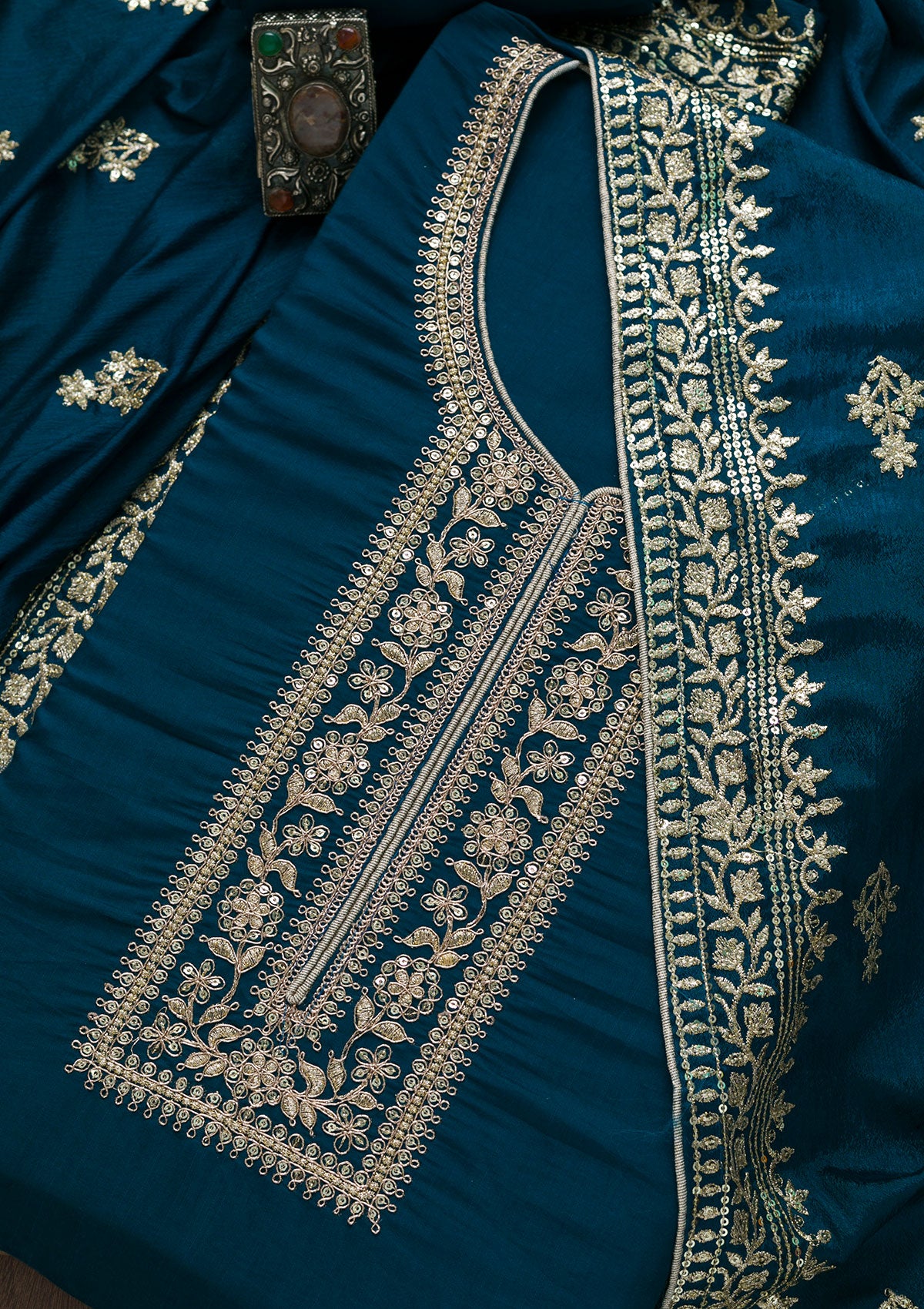 Peacock Blue Zariwork Art Silk Semi-Stitched Salwar Suit-Koskii