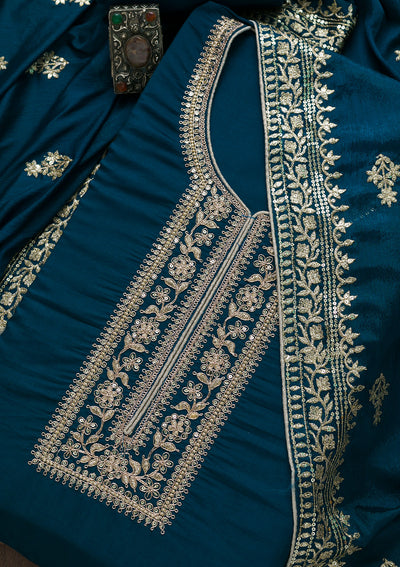 Peacock Blue Zariwork Art Silk Semi-Stitched Salwar Suit-Koskii