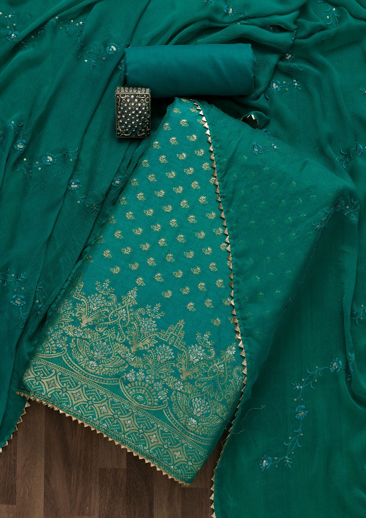 Peacock Blue Zariwork Art Silk Unstitched Salwar Suit-Koskii