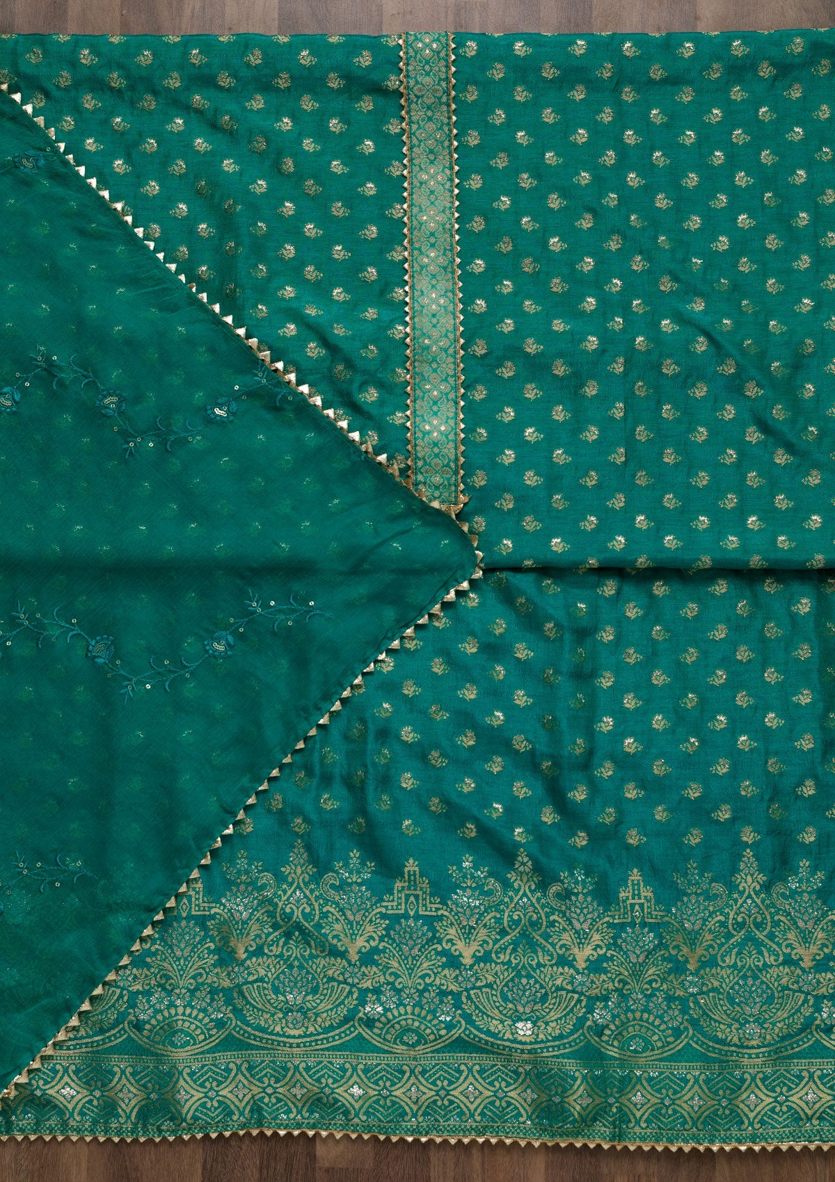 Peacock Blue Zariwork Art Silk Unstitched Salwar Suit-Koskii