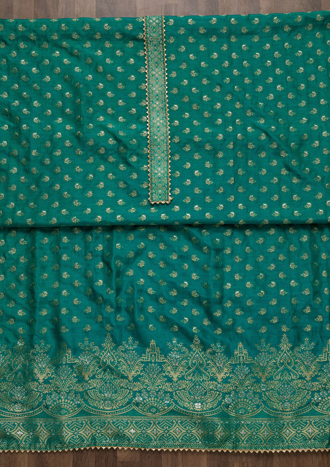 Peacock Blue Zariwork Art Silk Unstitched Salwar Suit-Koskii