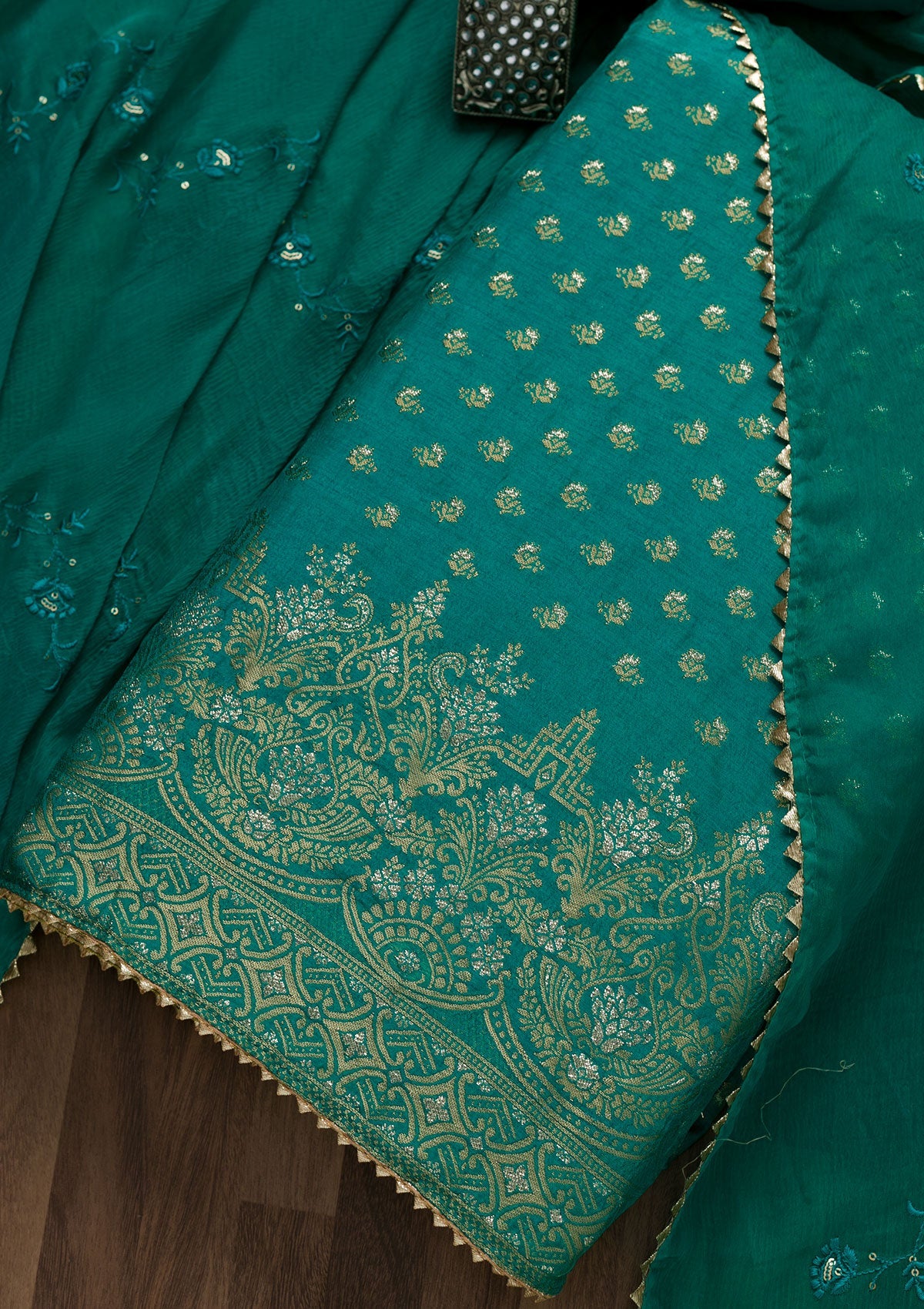 Peacock Blue Zariwork Art Silk Unstitched Salwar Suit-Koskii
