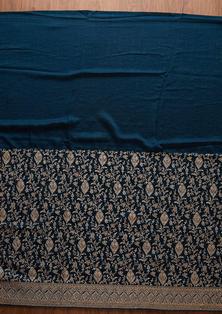 Peacock Blue Zariwork Art Silk Designer Saree - koskii