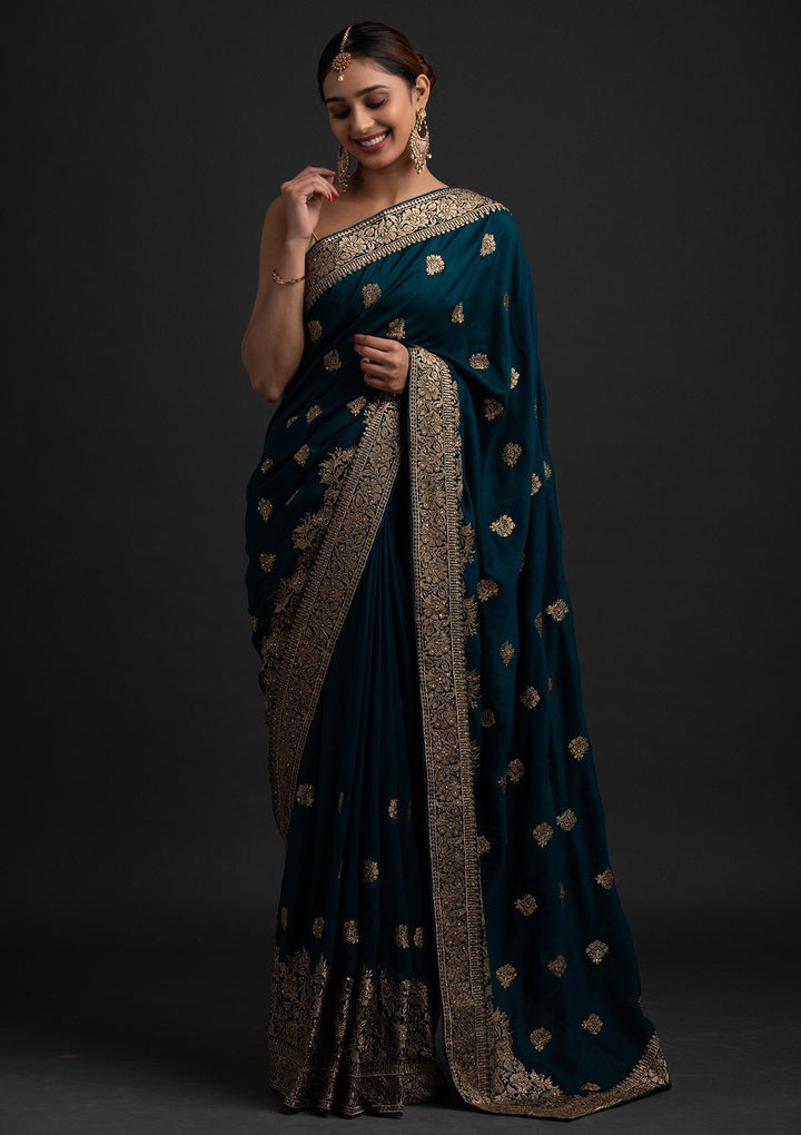 Peacock Blue Zariwork Art Silk Designer Saree - koskii