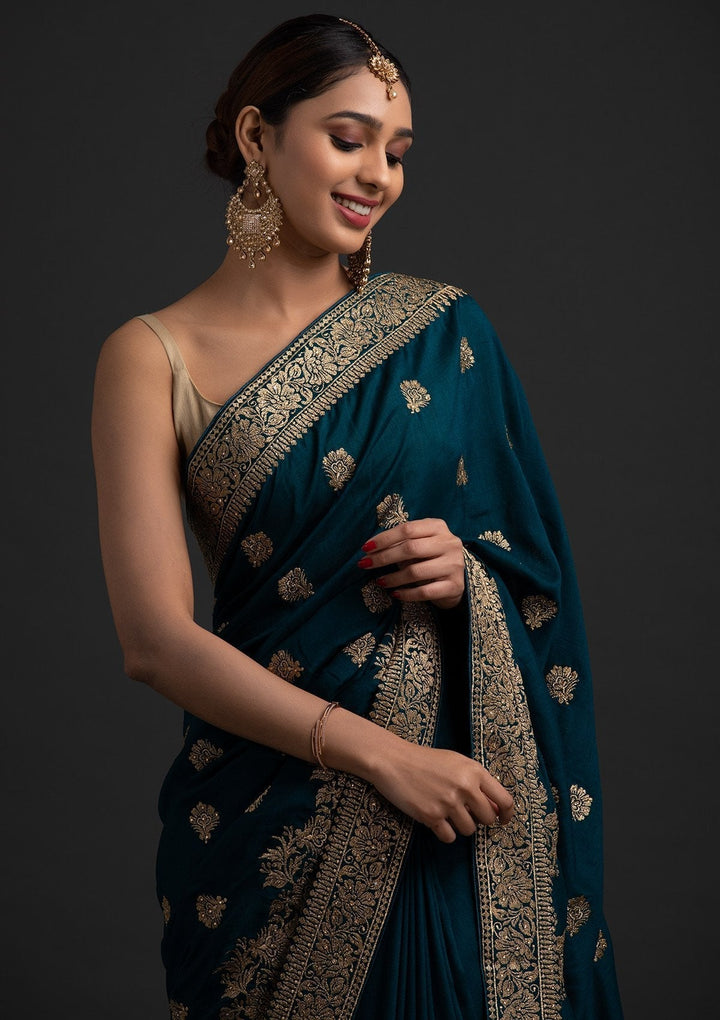 Peacock Blue Zariwork Art Silk Designer Saree - koskii