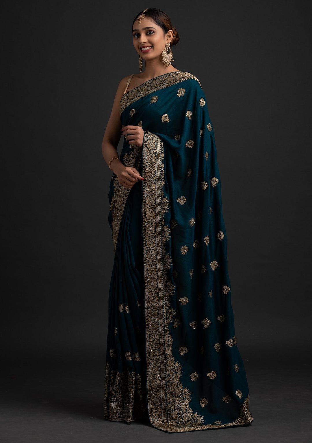 Peacock Blue Zariwork Art Silk Designer Saree - koskii