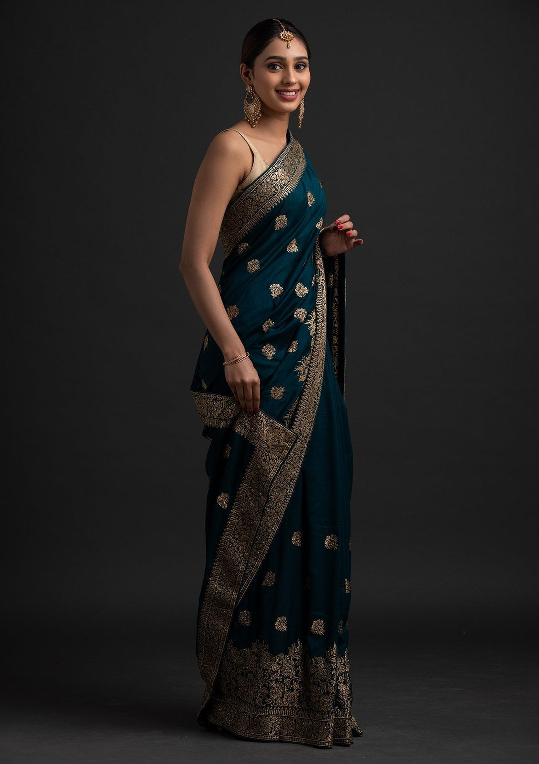 Peacock Blue Zariwork Art Silk Designer Saree - koskii