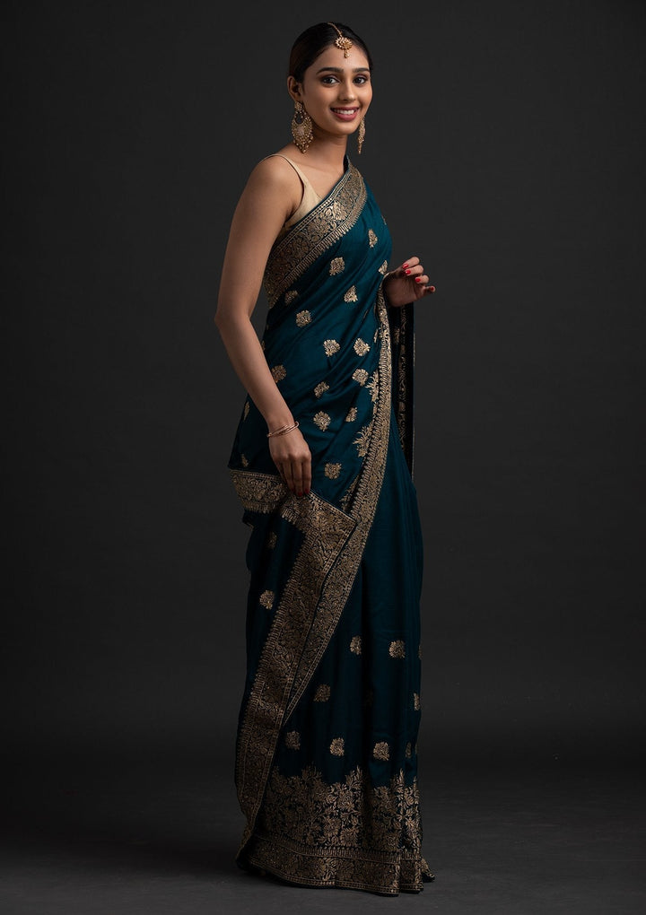 Peacock Blue Zariwork Art Silk Designer Saree - koskii