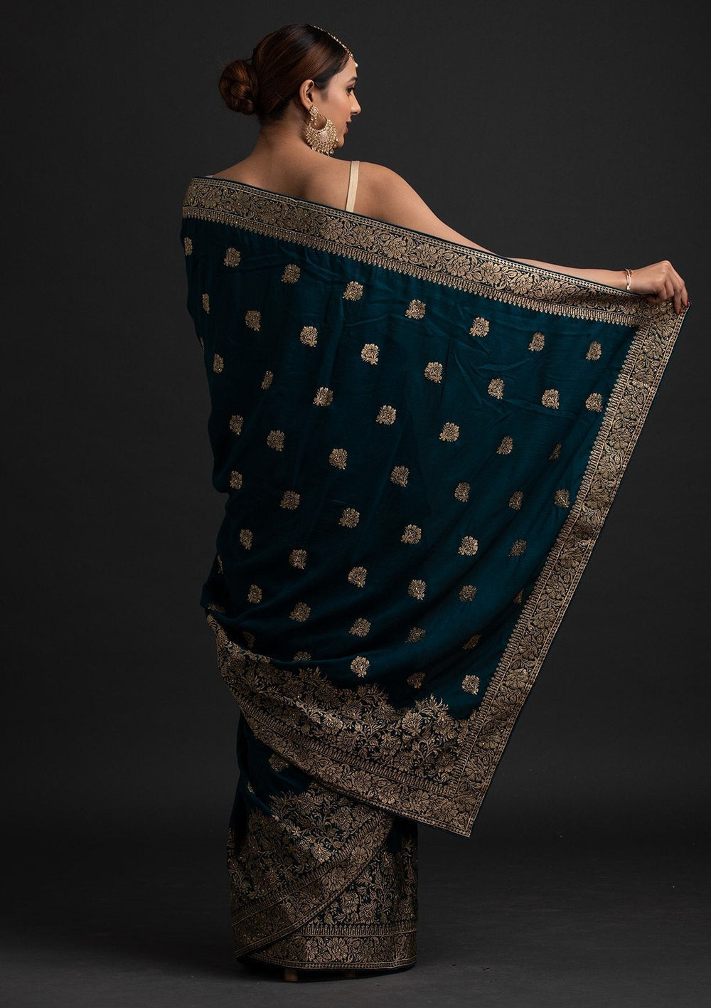 Peacock Blue Zariwork Art Silk Designer Saree - koskii