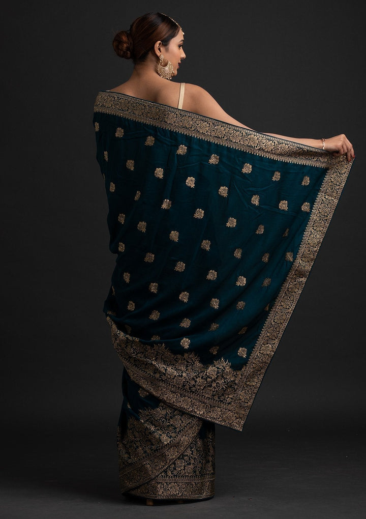 Peacock Blue Zariwork Art Silk Designer Saree - koskii
