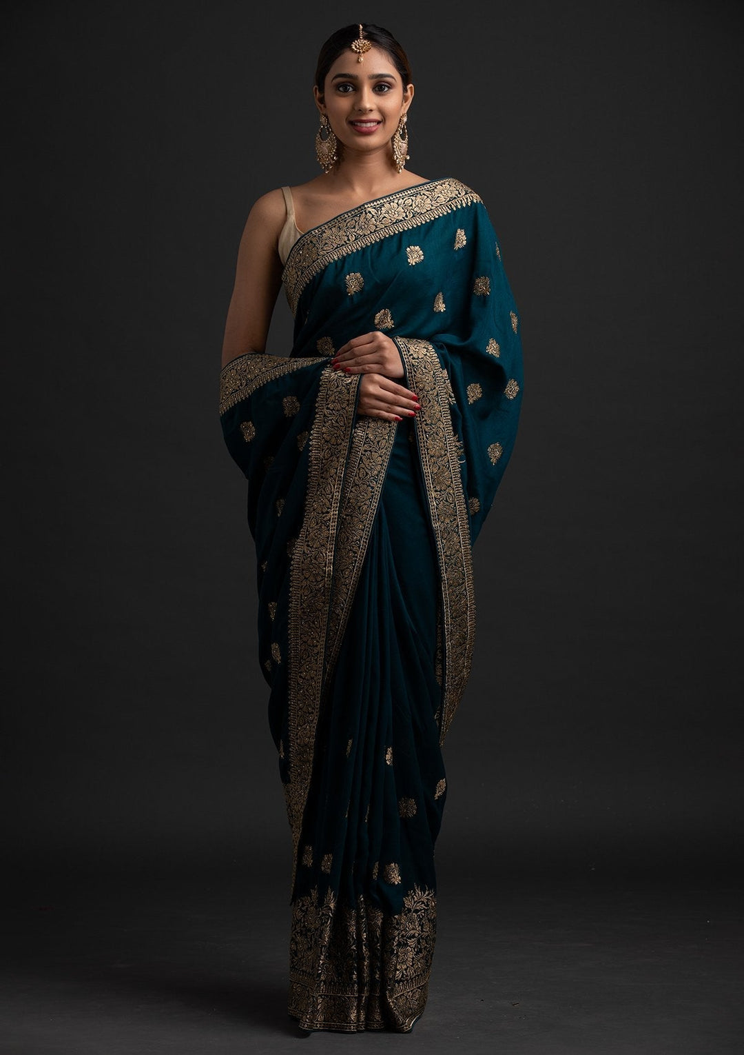 Peacock Blue Zariwork Art Silk Designer Saree - koskii