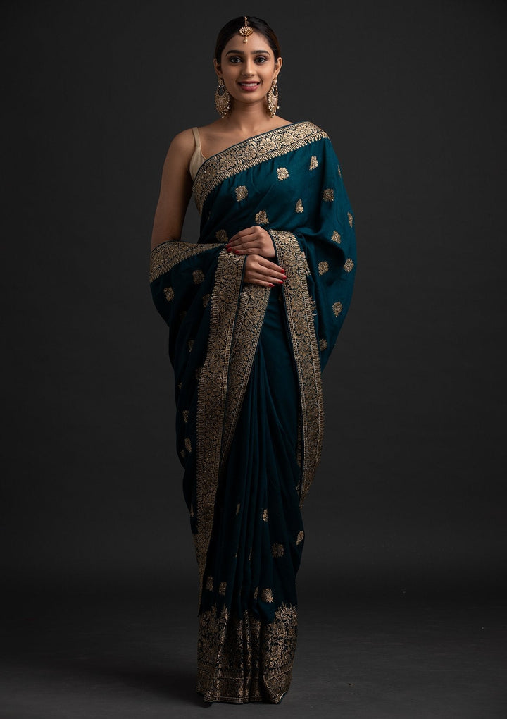 Peacock Blue Zariwork Art Silk Designer Saree - koskii