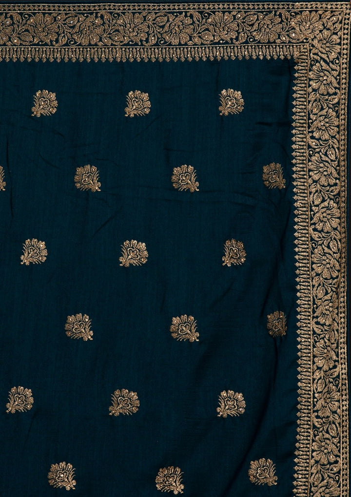 Peacock Blue Zariwork Art Silk Designer Saree - koskii