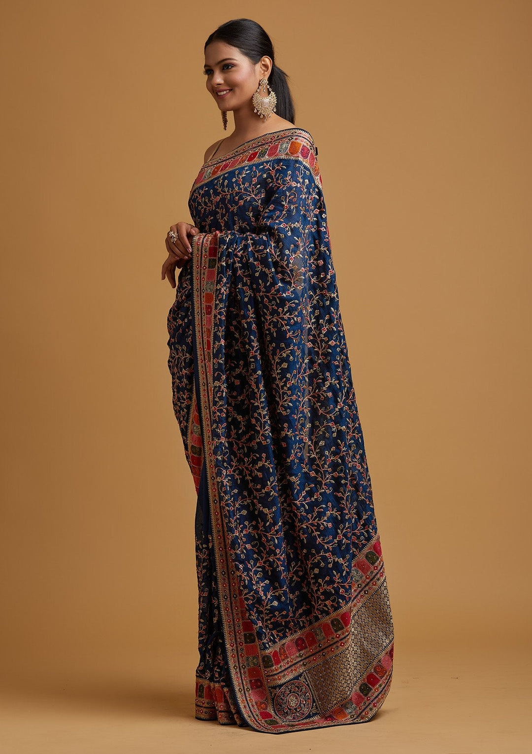 Peacock Blue Zariwork Art Silk Designer Saree - koskii