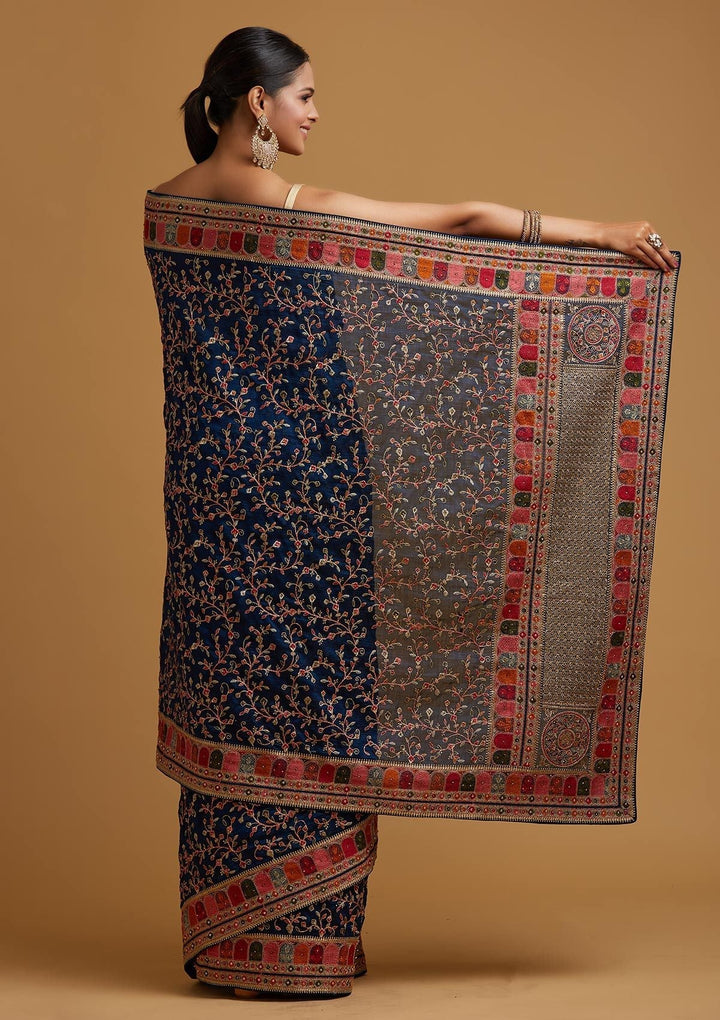 Peacock Blue Zariwork Art Silk Designer Saree - koskii