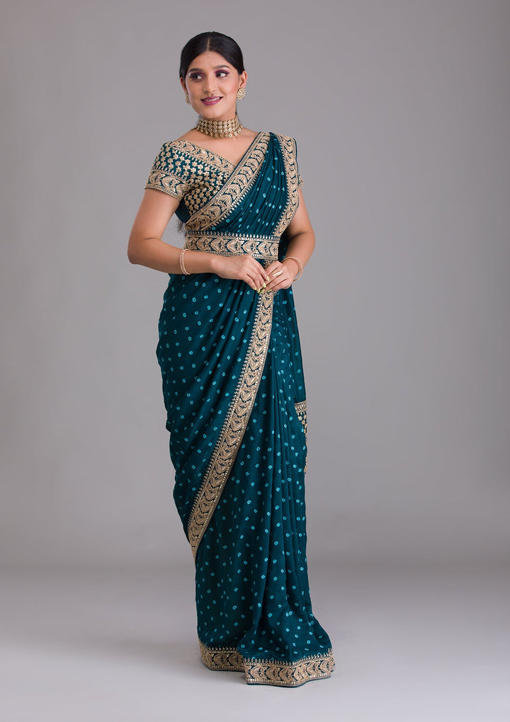Peacock Blue Zariwork Art Silk Saree-Koskii