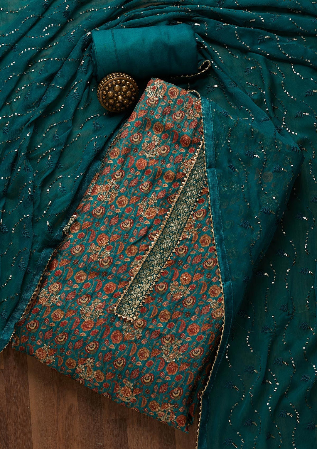 Peacock Blue Zariwork Banarasi Semi-Stitched Salwar Suit-Koskii