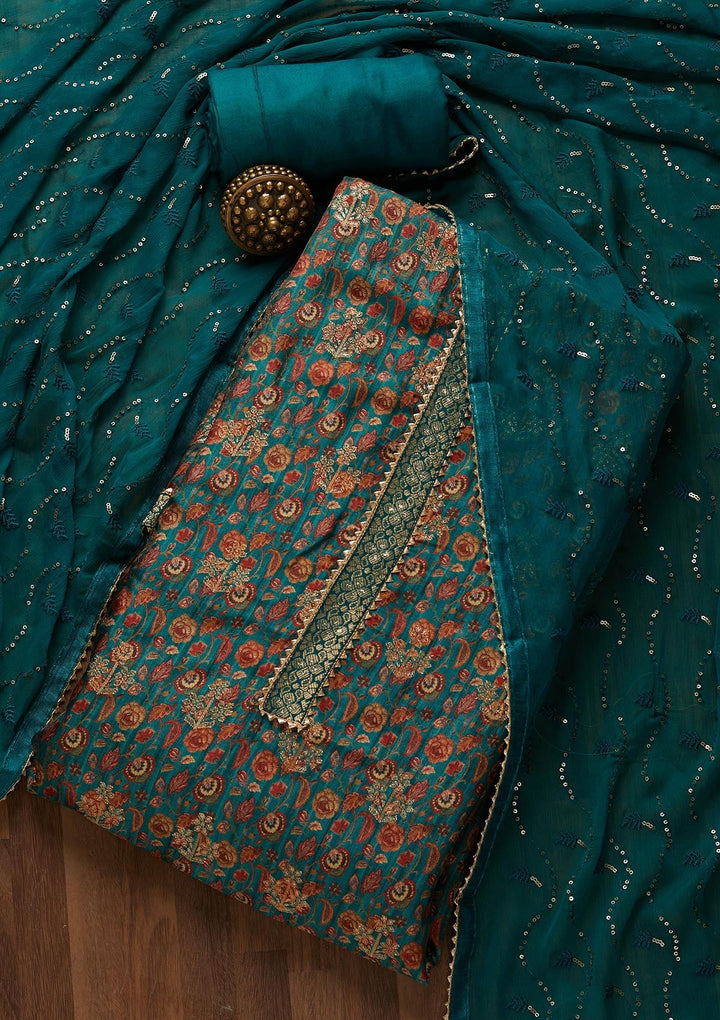 Peacock Blue Zariwork Banarasi Semi-Stitched Salwar Suit-Koskii