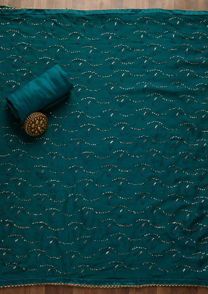 Peacock Blue Zariwork Banarasi Semi-Stitched Salwar Suit-Koskii
