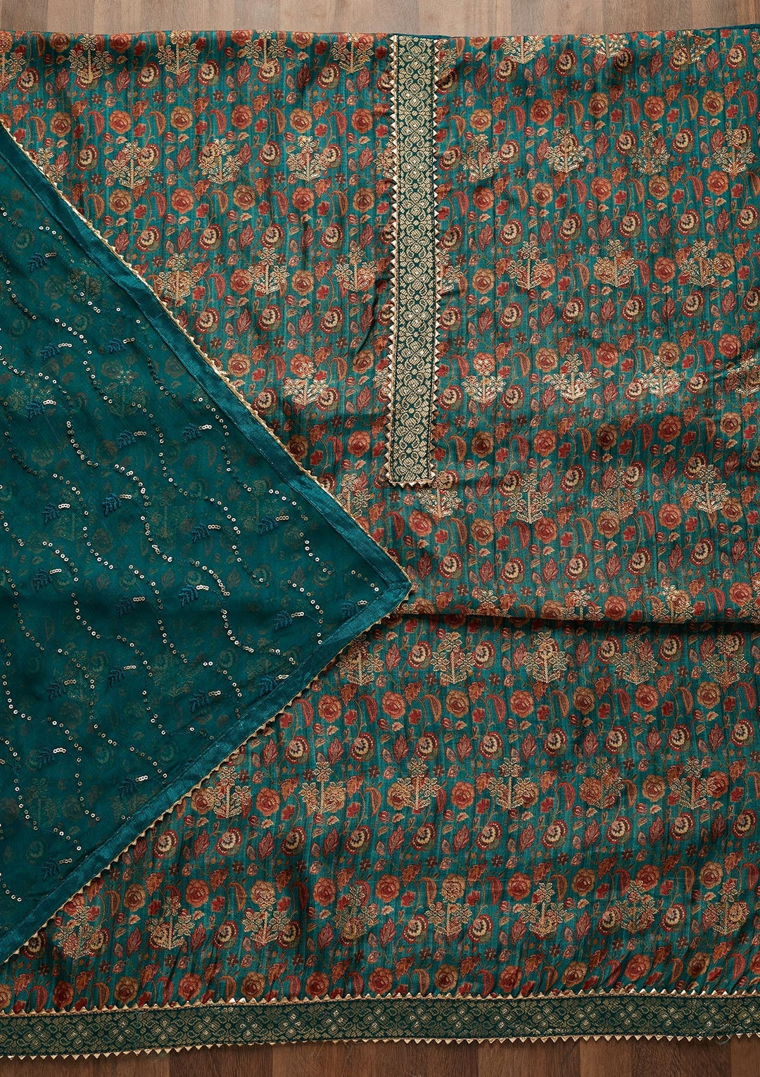 Peacock Blue Zariwork Banarasi Semi-Stitched Salwar Suit-Koskii
