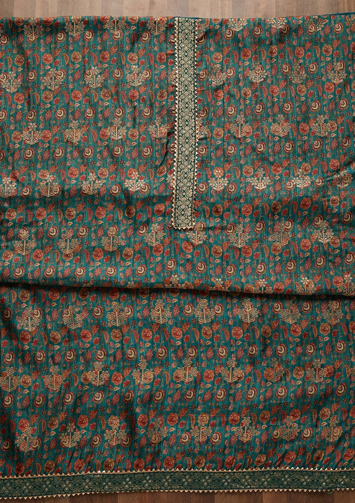 Peacock Blue Zariwork Banarasi Semi-Stitched Salwar Suit-Koskii