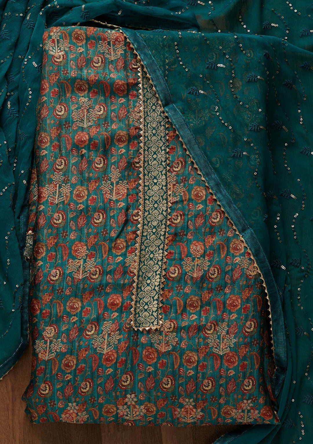 Peacock Blue Zariwork Banarasi Semi-Stitched Salwar Suit-Koskii