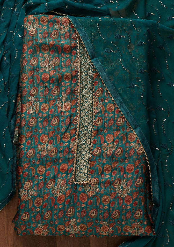 Peacock Blue Zariwork Banarasi Semi-Stitched Salwar Suit-Koskii