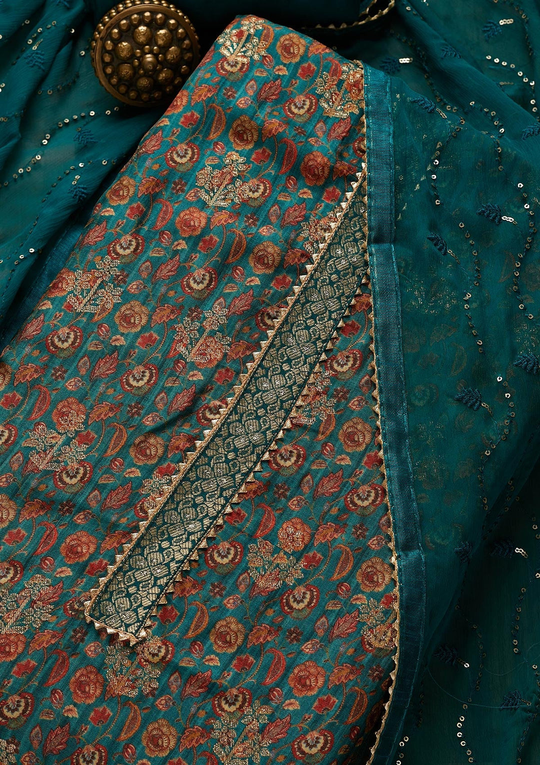 Peacock Blue Zariwork Banarasi Semi-Stitched Salwar Suit-Koskii
