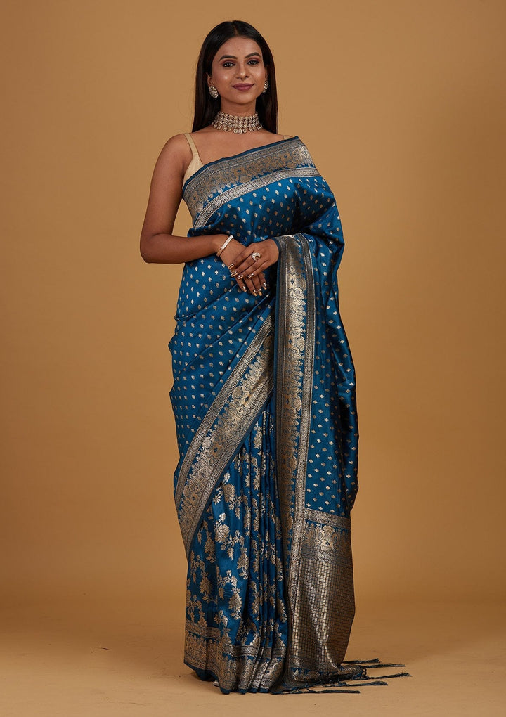 Peacock Blue Zariwork Banarasi Designer Saree - Koskii