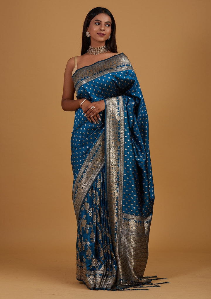 Peacock Blue Zariwork Banarasi Designer Saree - Koskii