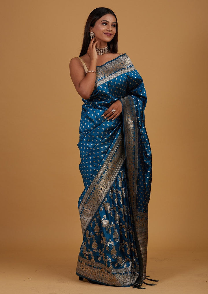 Peacock Blue Zariwork Banarasi Designer Saree - Koskii