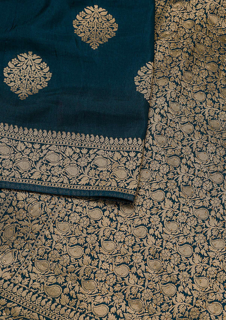 Peacock Blue Zari Work Banarasi Saree-Koskii