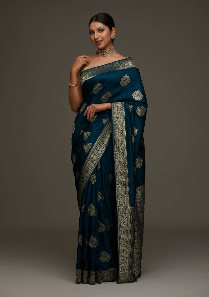 Peacock Blue Zariwork Banarasi Designer Saree-Koskii