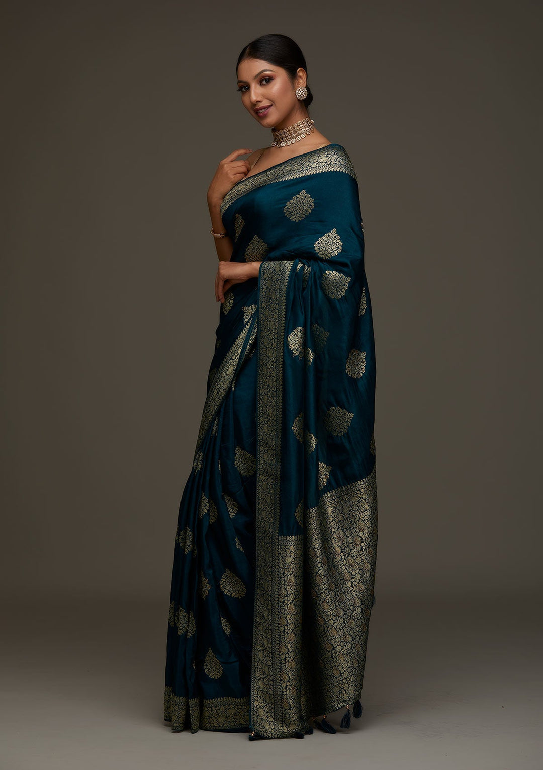 Peacock Blue Zariwork Banarasi Designer Saree - Koskii
