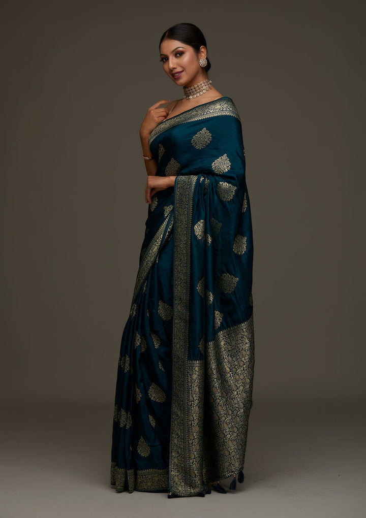 Peacock Blue Zariwork Banarasi Designer Saree - Koskii