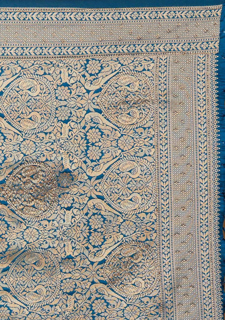 Peacock Blue Zariwork Banarasi Designer Saree - Koskii