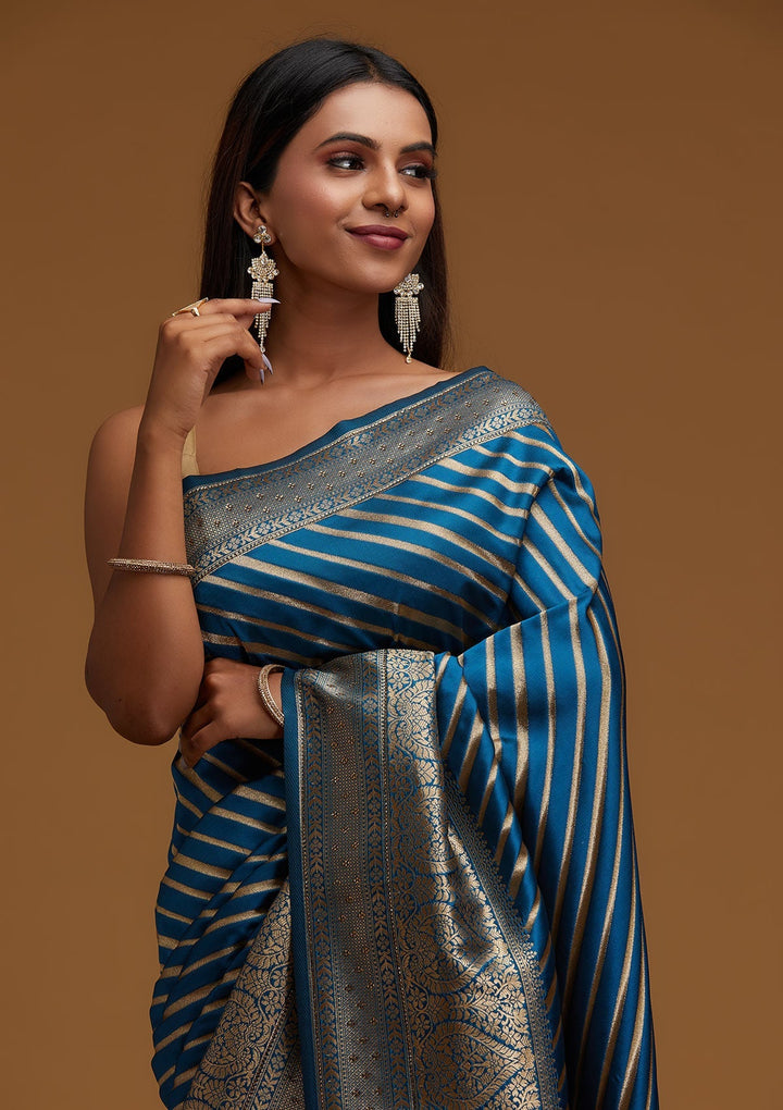 Peacock Blue Zariwork Banarasi Designer Saree - Koskii