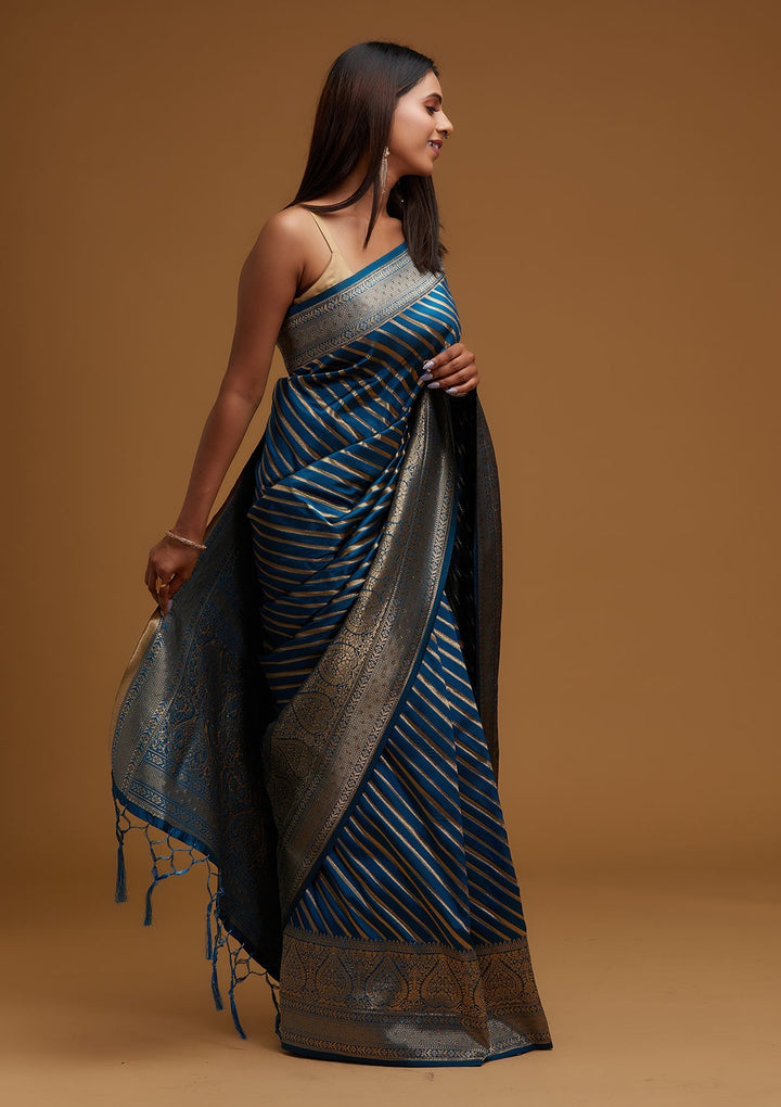 Peacock Blue Zariwork Banarasi Designer Saree - Koskii